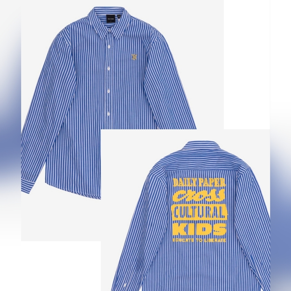 DAILY PAPER BLUE WHITE STRIPE YELLOW WRITING BUTTON UP COLLARED MAMBO LS SHIRT